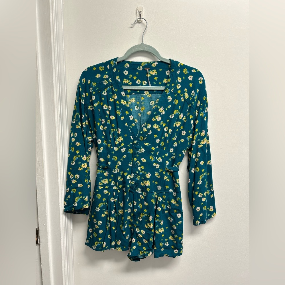 Floral Teal Long Sleeve Romper